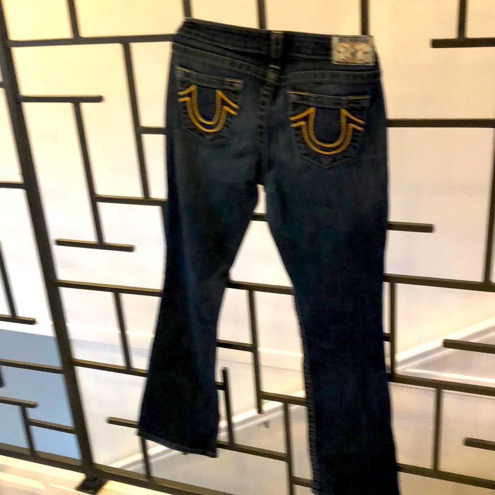 True Religion Tan Stitch boot cut mid rise jeans